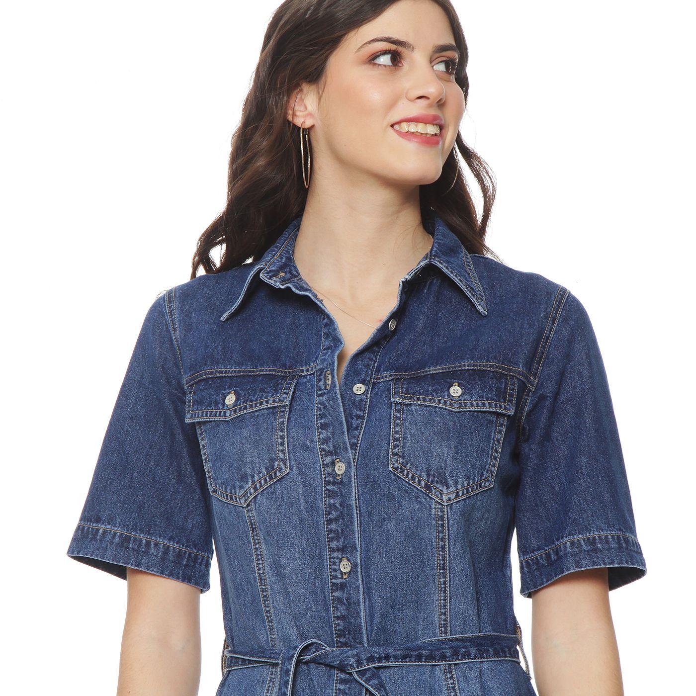 Vestido Manga Corta Denim Abotonado En Delantero Y Lazo En  Cintura-3
