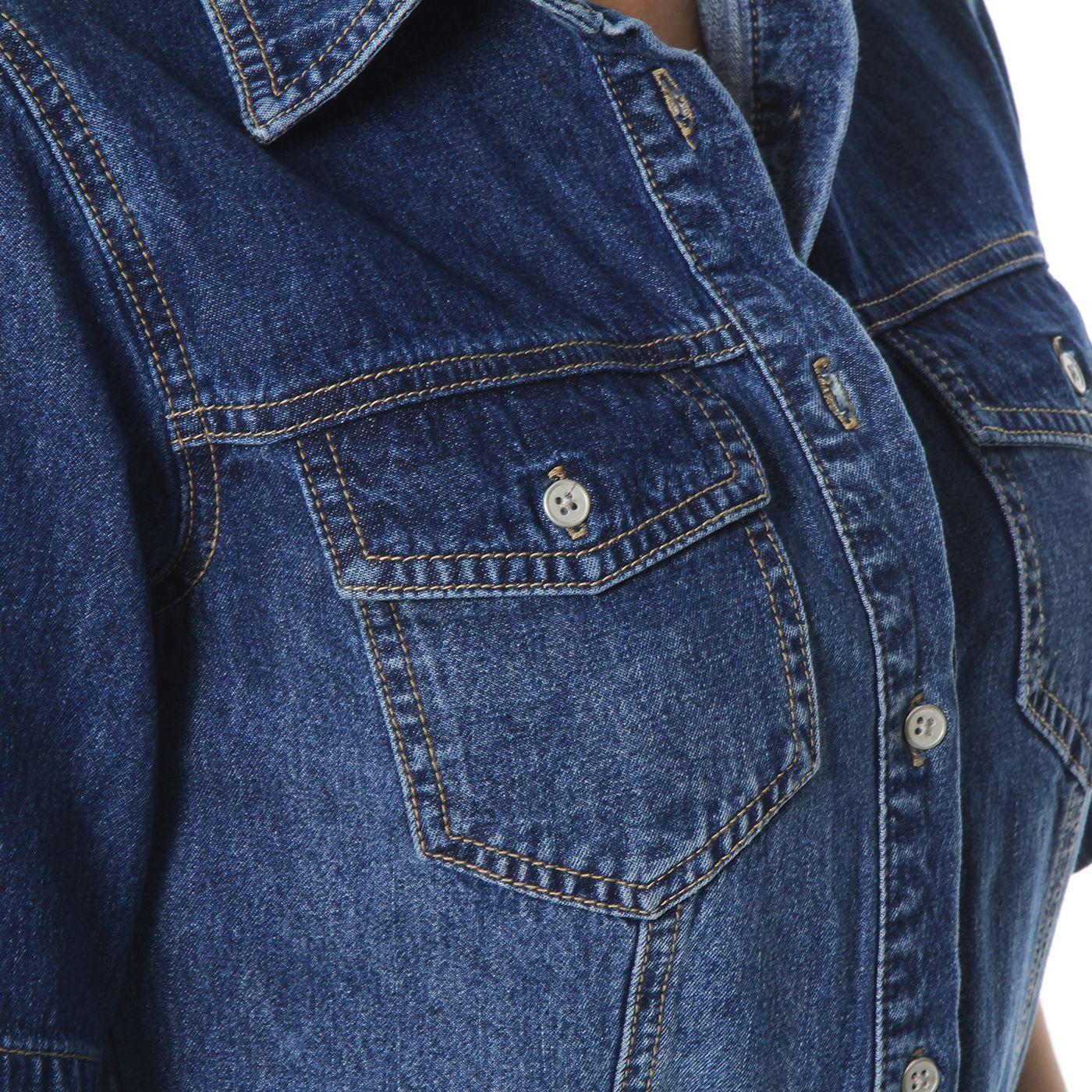 Vestido Manga Corta Denim Abotonado En Delantero Y Lazo En  Cintura-4
