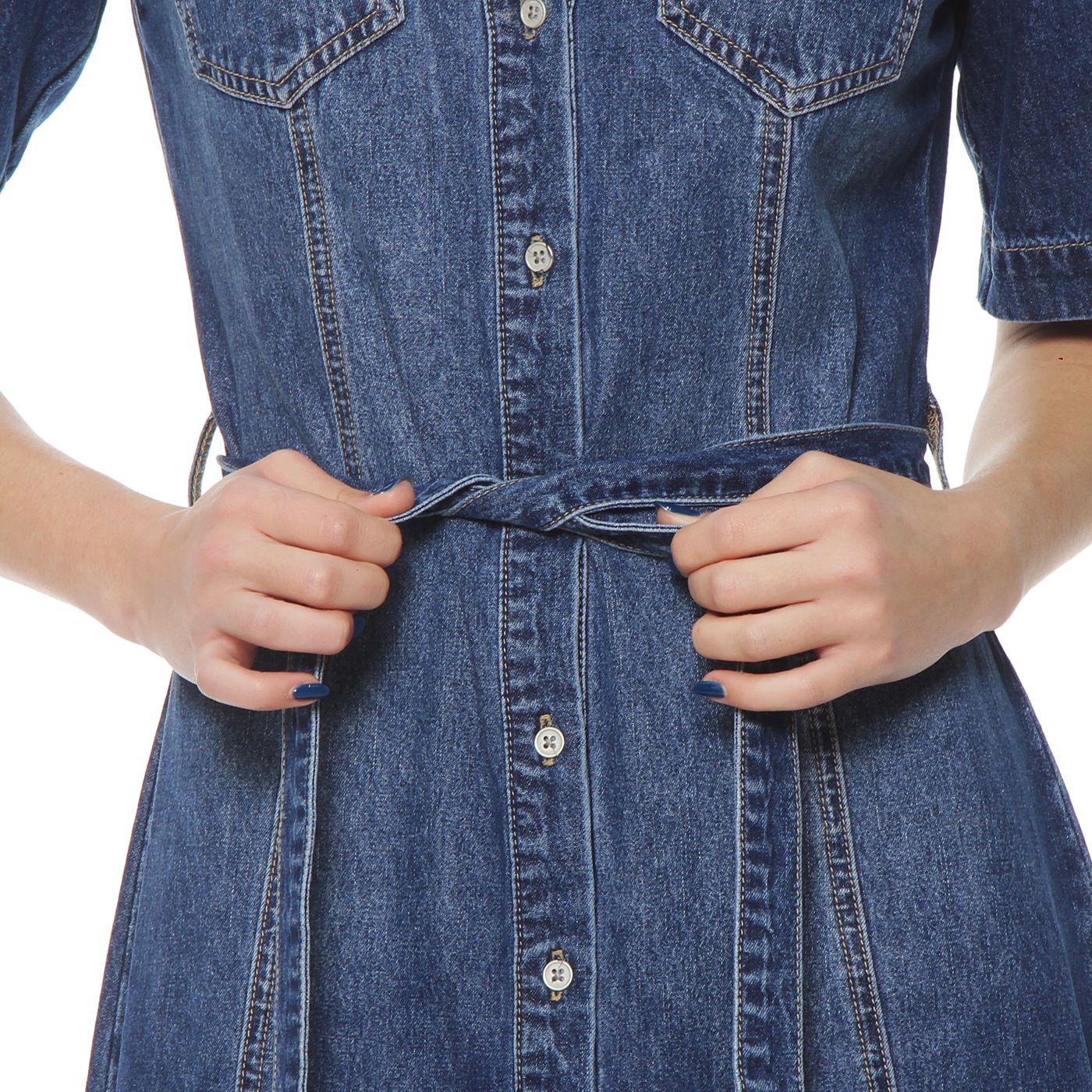 Vestido Manga Corta Denim Abotonado En Delantero Y Lazo En  Cintura-5