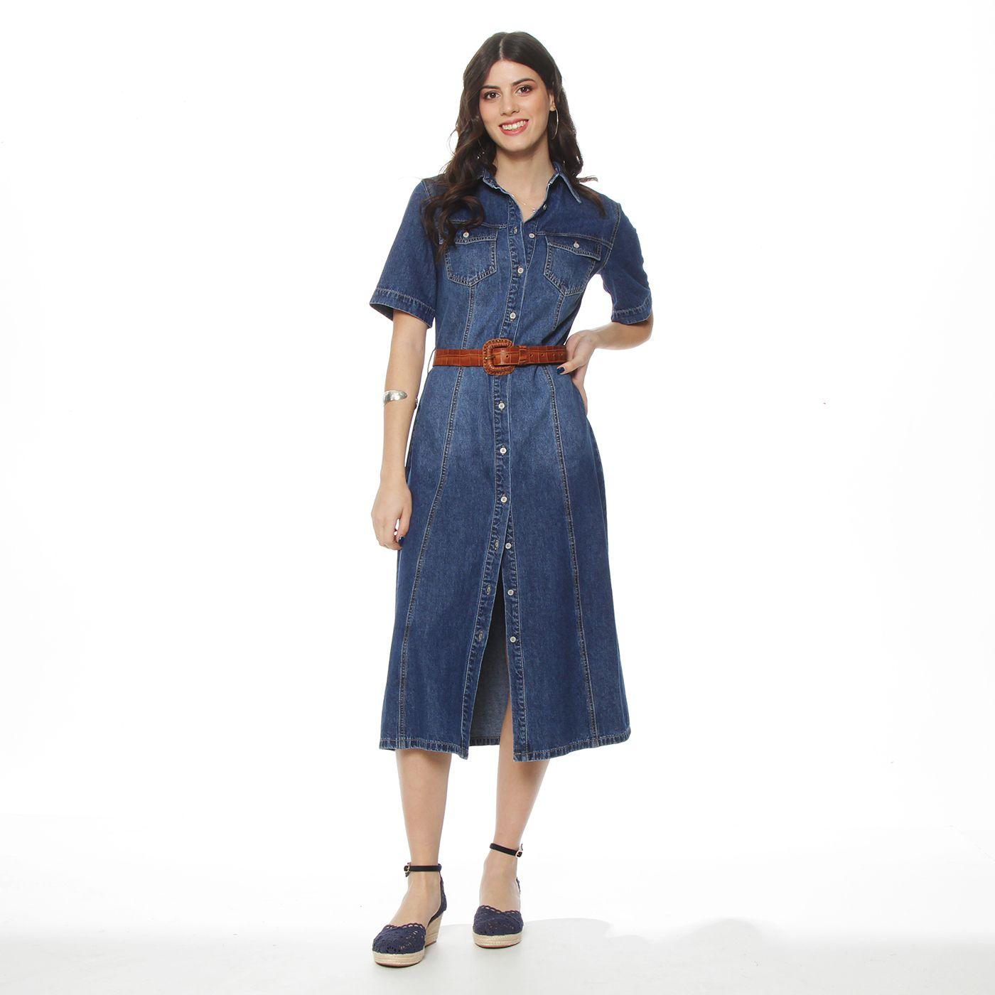 Vestido Manga Corta Denim Abotonado En Delantero Y Lazo En  Cintura-6