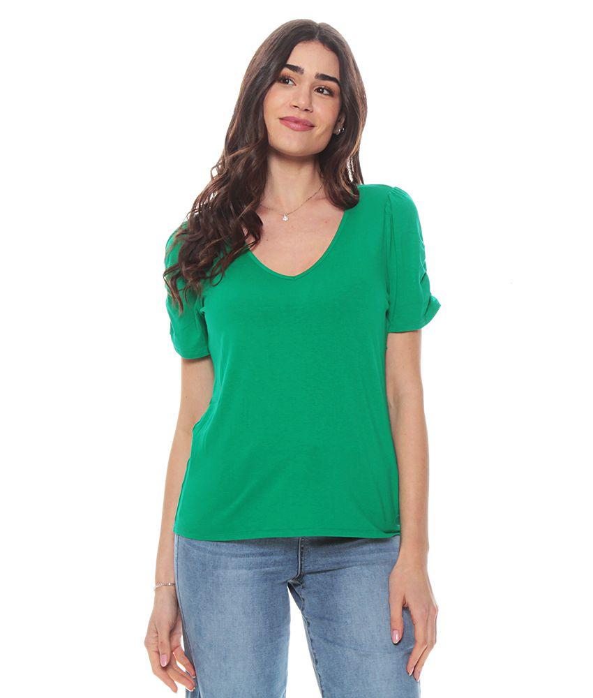 Polera Basica Manga Corta Solida Escote V Detalle En Hombro-0