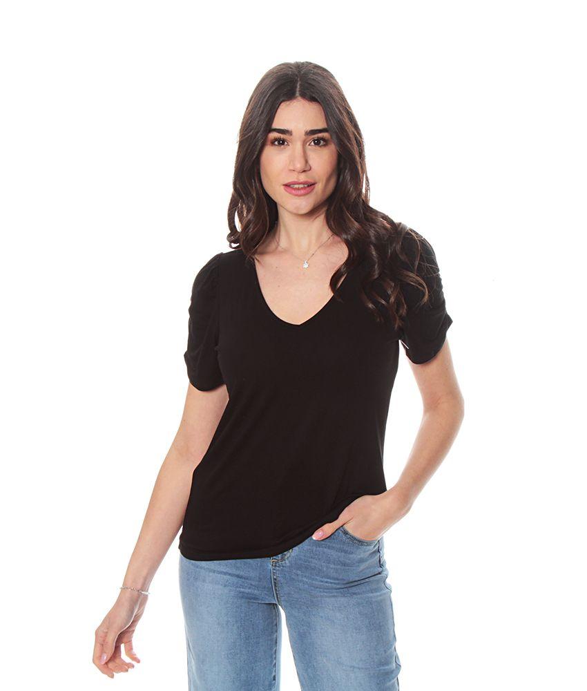 Polera Basica Manga Corta Solida Escote V Detalle En Hombro-0