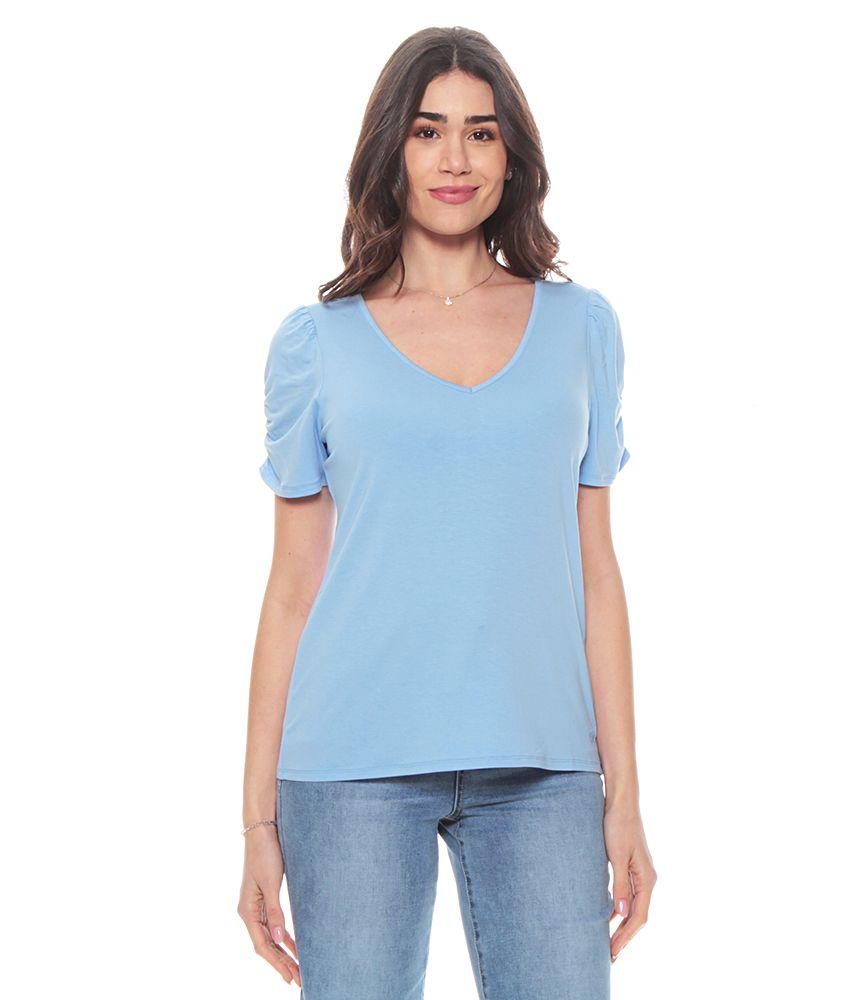 Polera Basica Manga Corta Solida Escote V Detalle En Hombro-0