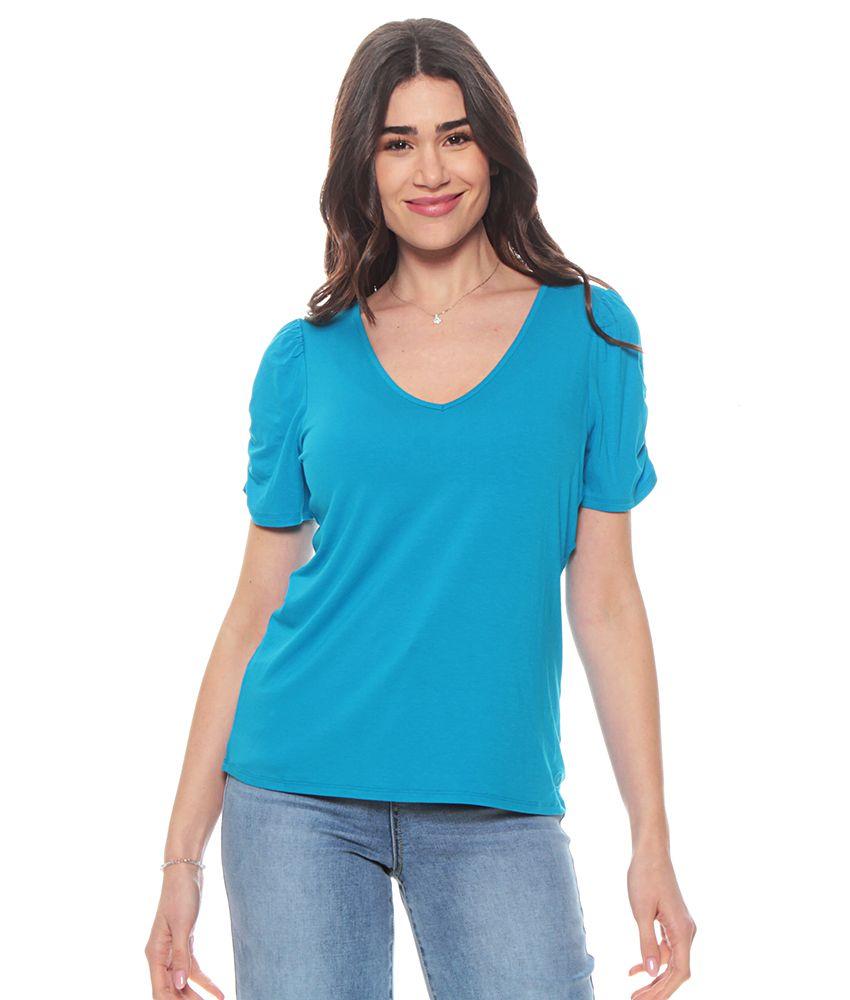 Polera Basica Manga Corta Solida Escote V Detalle En Hombro-0