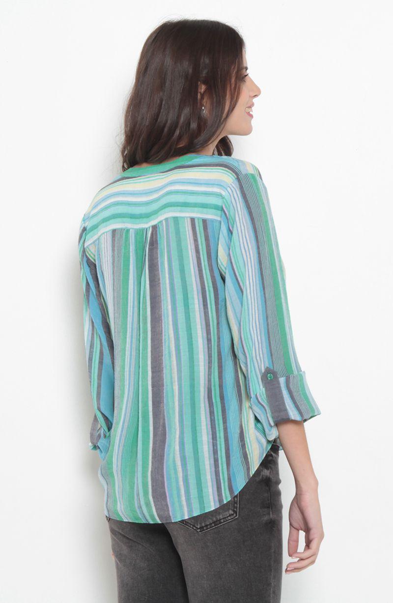 Blusa Manga Larga Listada Abotonada En Delantero-3