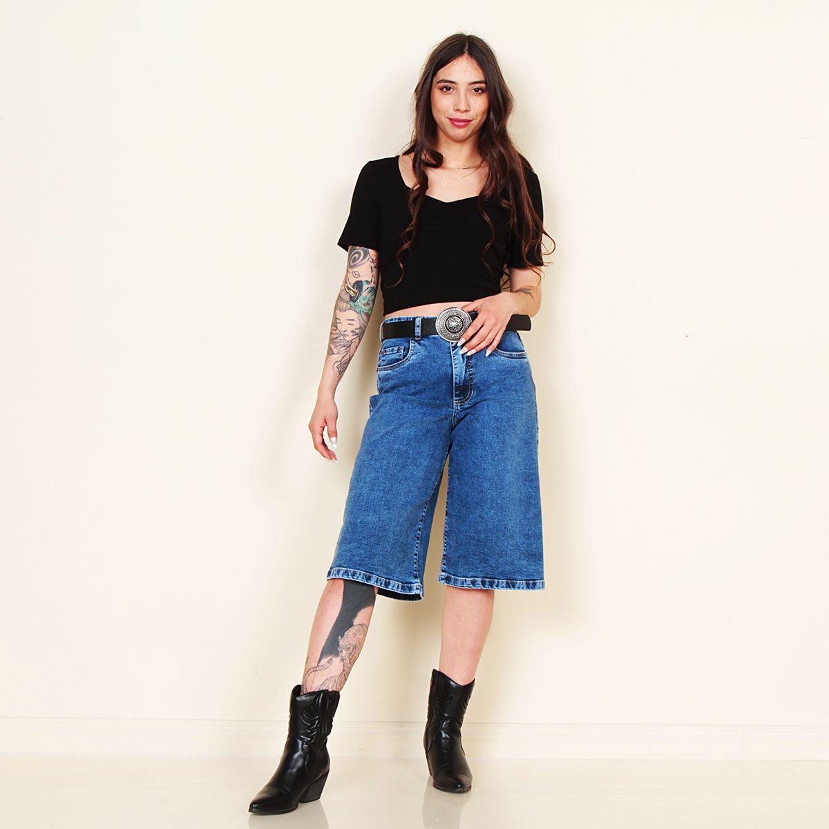Bermuda Jort Denim Tiro Alto Pretina Basica 1 Boton-6