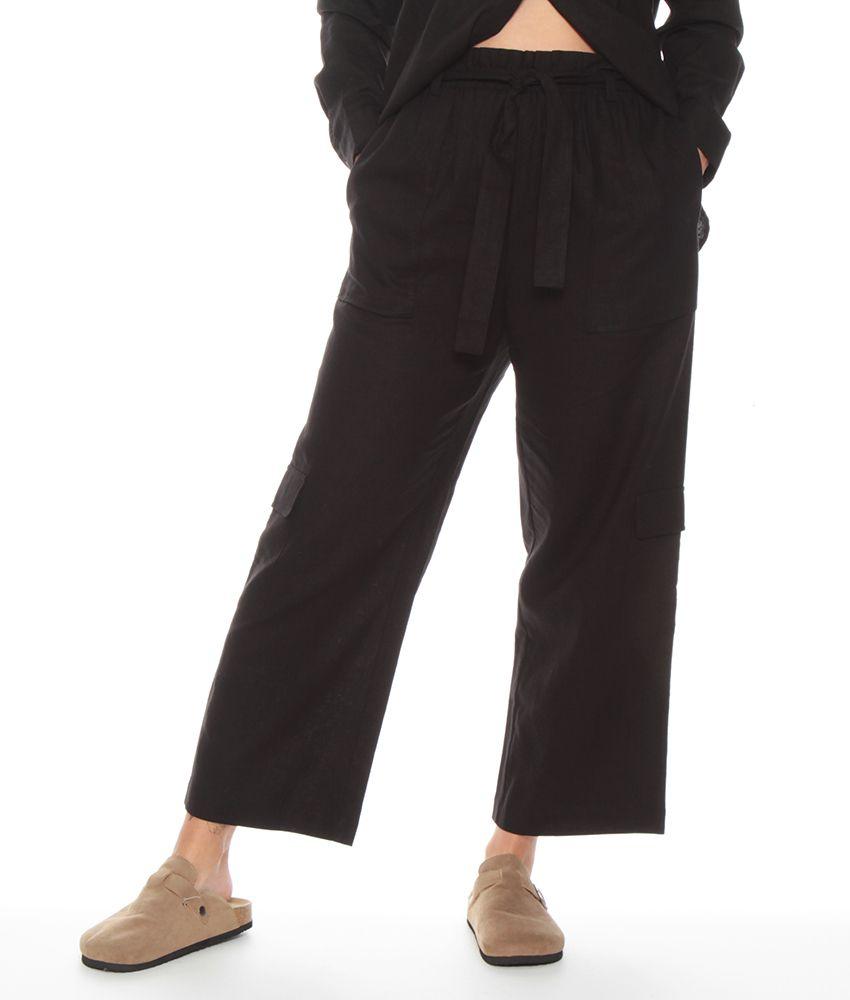 Pantalon Crop Lino Con Bolsillo Parche Y Lazo En Cintura-0