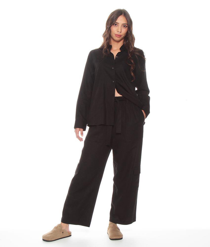 Pantalon Crop Lino Con Bolsillo Parche Y Lazo En Cintura-5