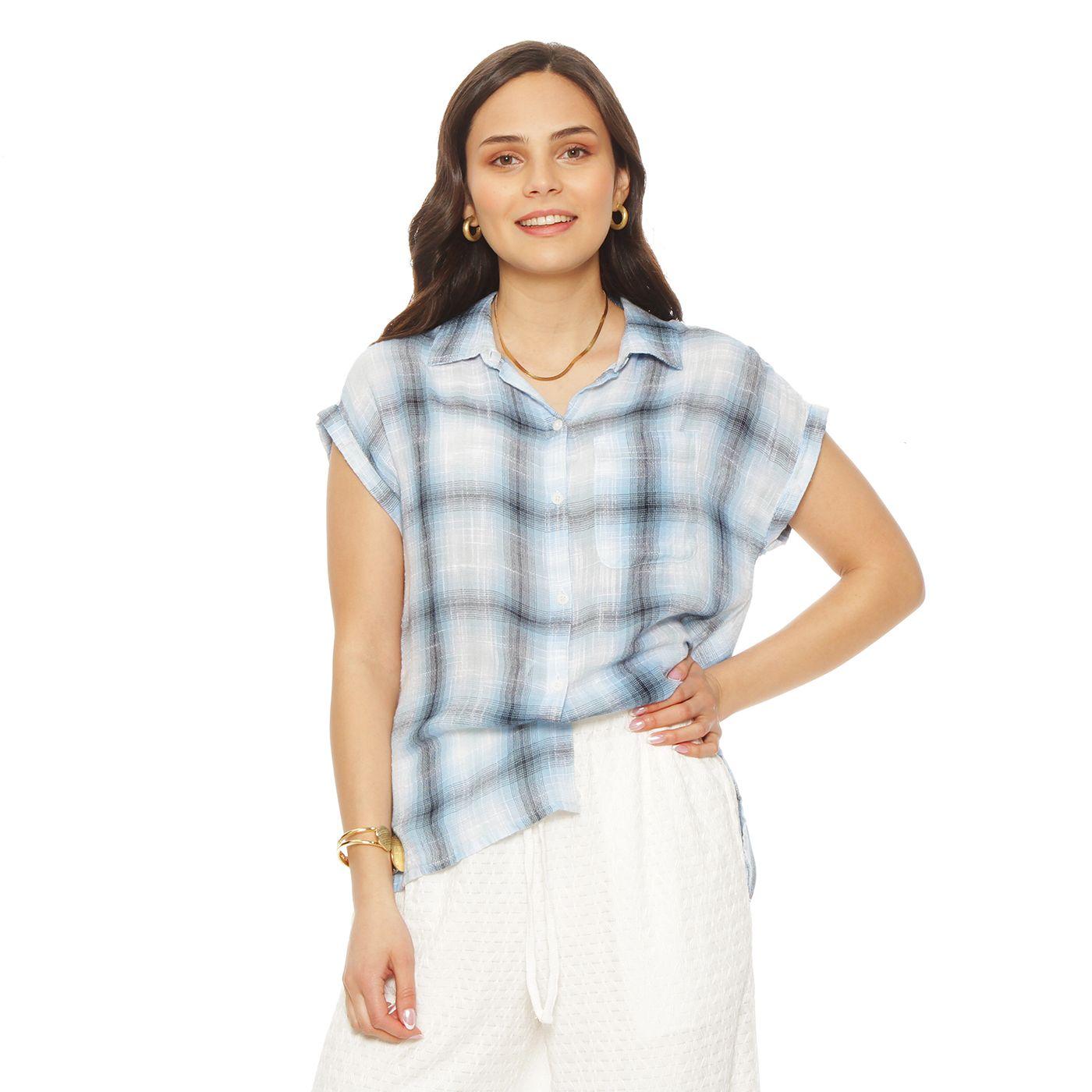 Blusa Sin Manga Escoces Abotonada En Delantero Y Bolsillo-0