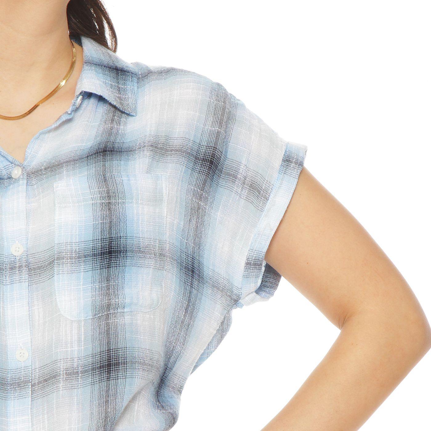 Blusa Sin Manga Escoces Abotonada En Delantero Y Bolsillo-3