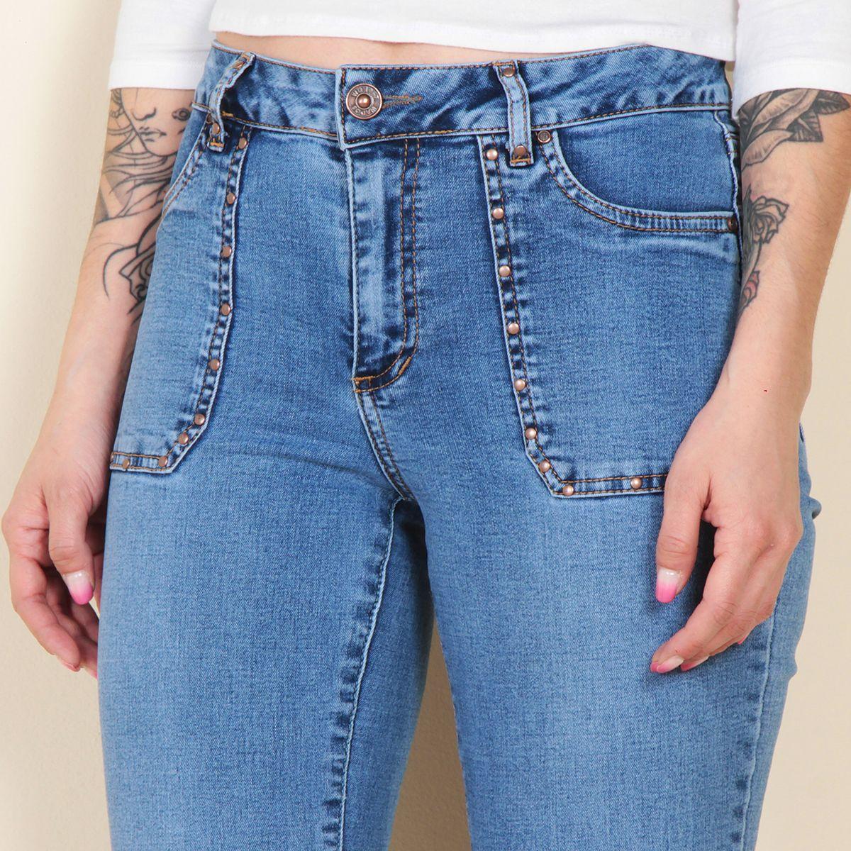 Jeans Flare Cargo Tiro Alto Tachas Pretina 1 Boton-1