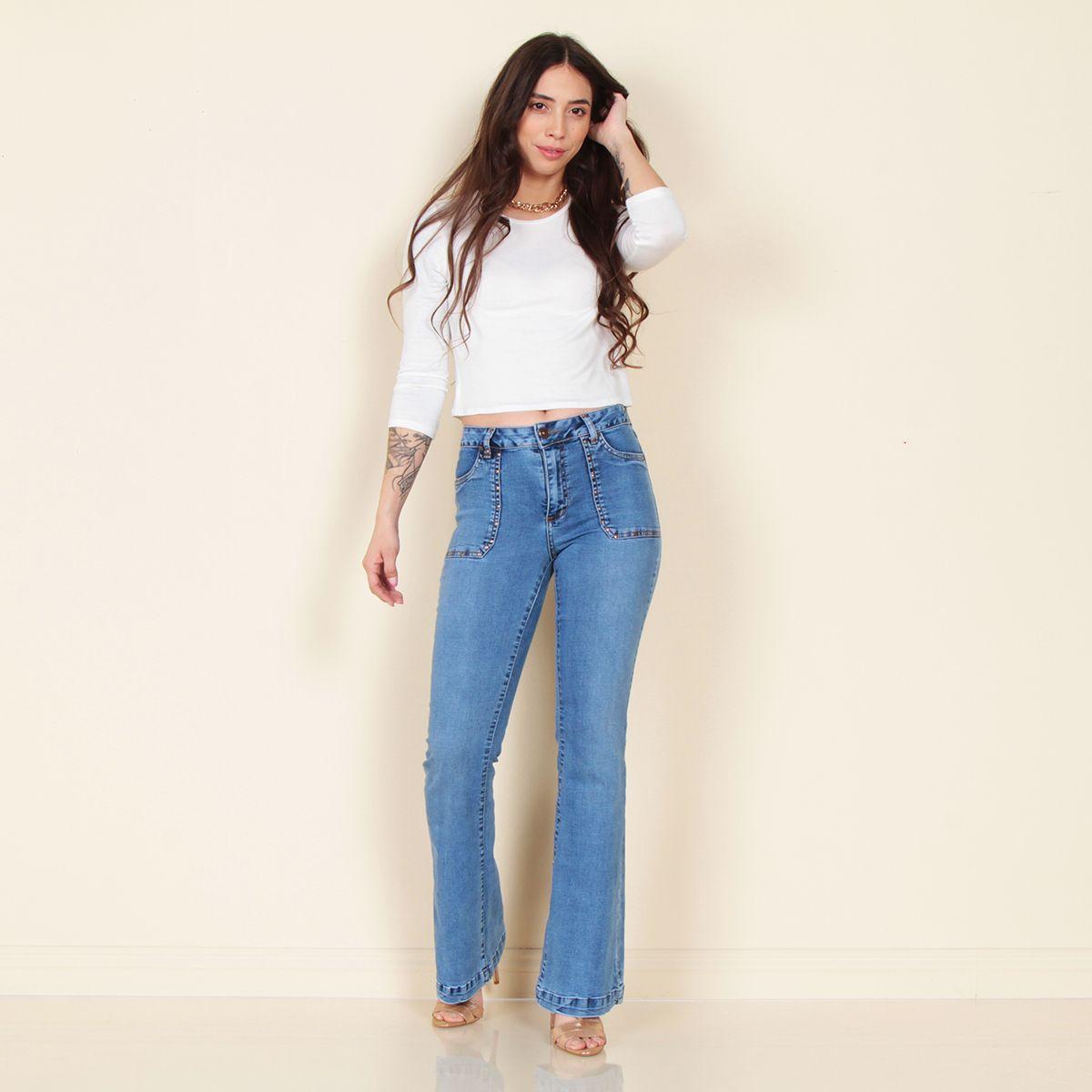 Jeans Flare Cargo Tiro Alto Tachas Pretina 1 Boton-3