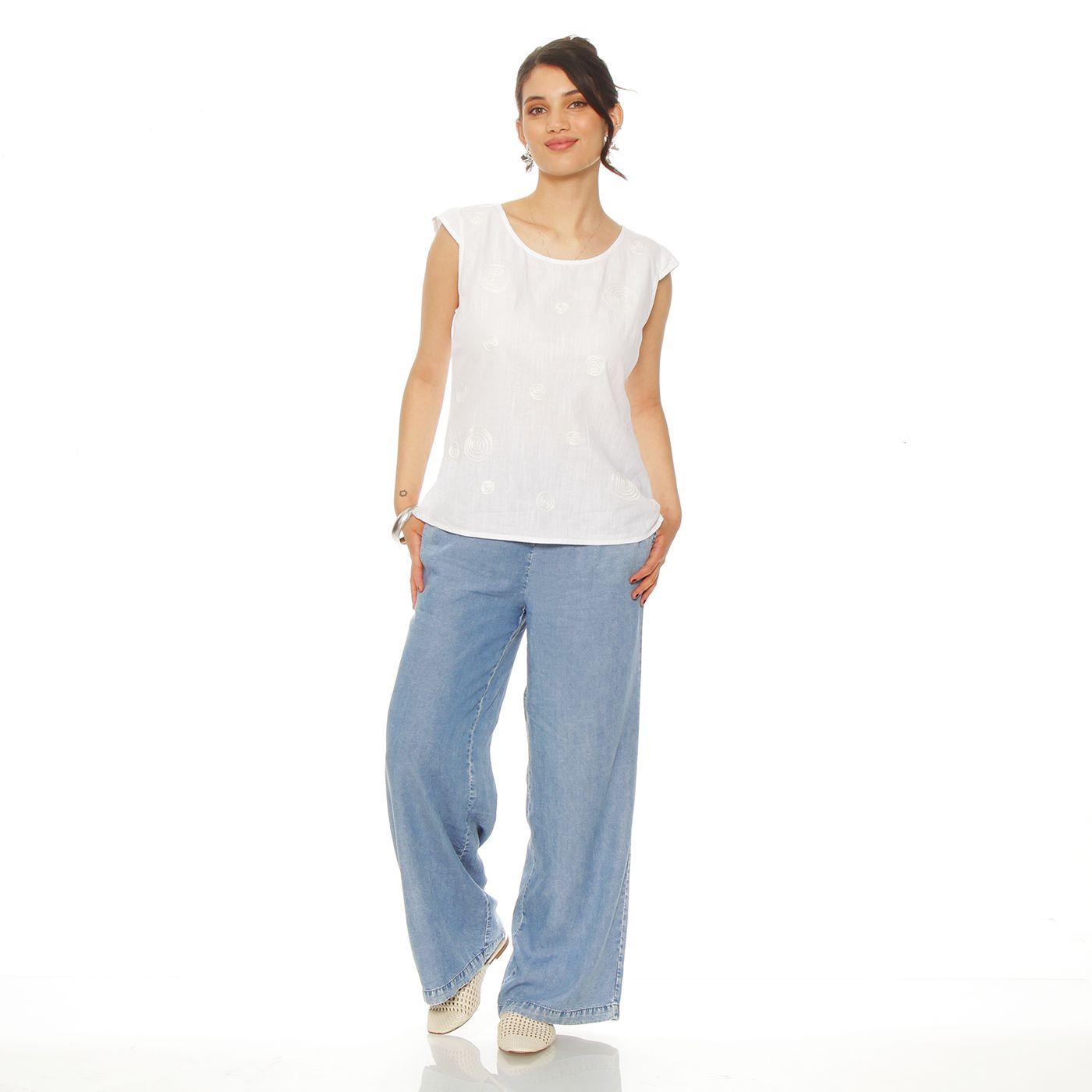 Blusa Manga Corta Lino Bordado Escote Redondo-2