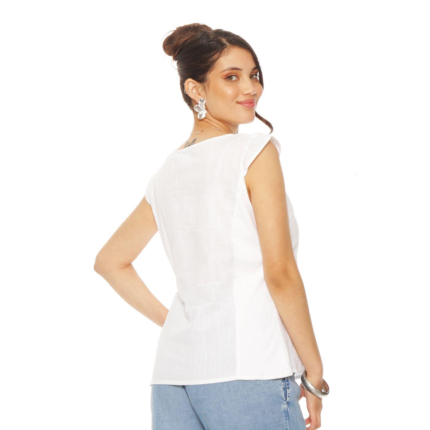 Blusa Manga Corta Lino Bordado Escote Redondo-4