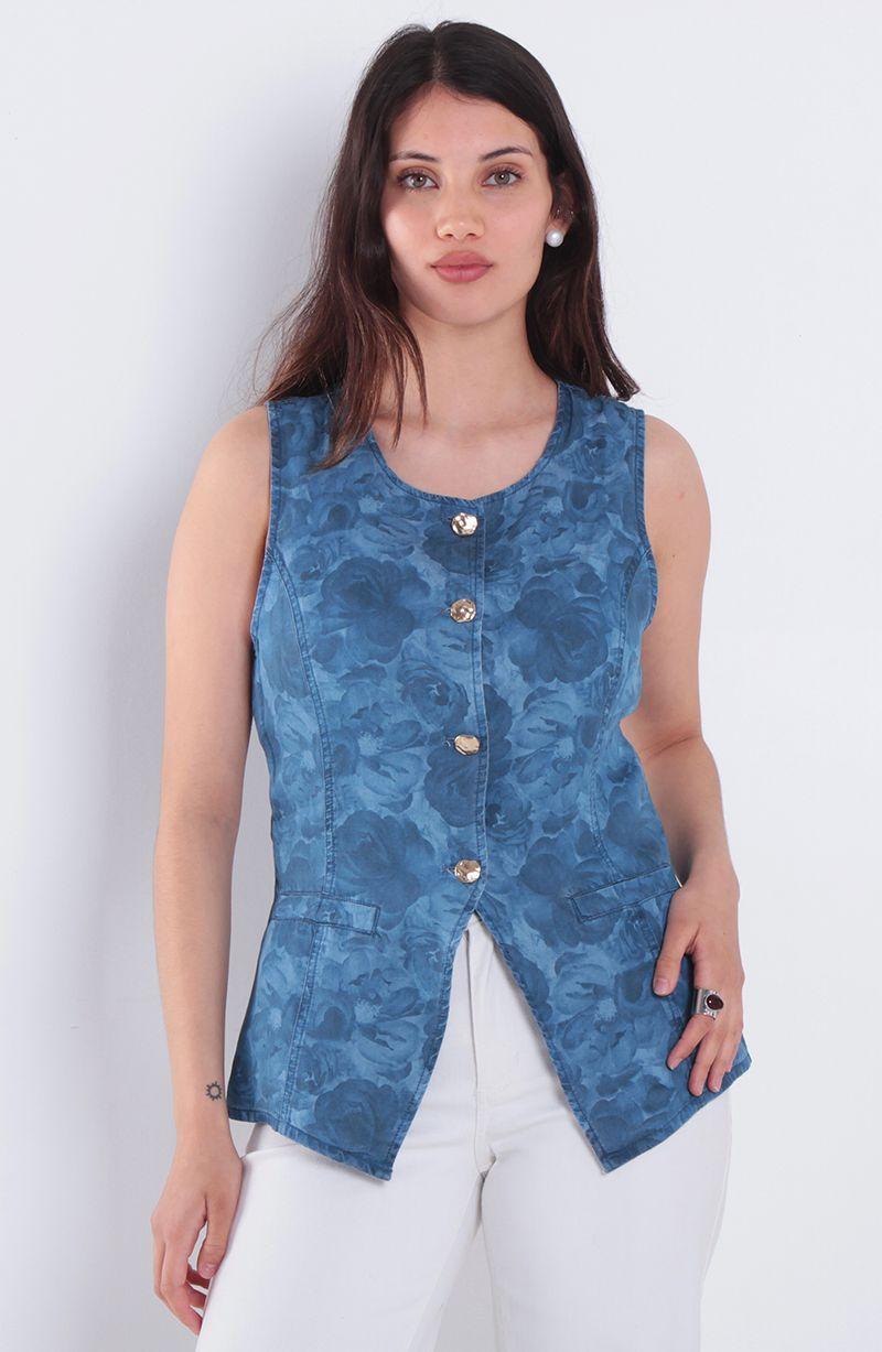 Vest Lyocell Estampada Sin Manga Abotonada En Delantero Escote Redondo-0