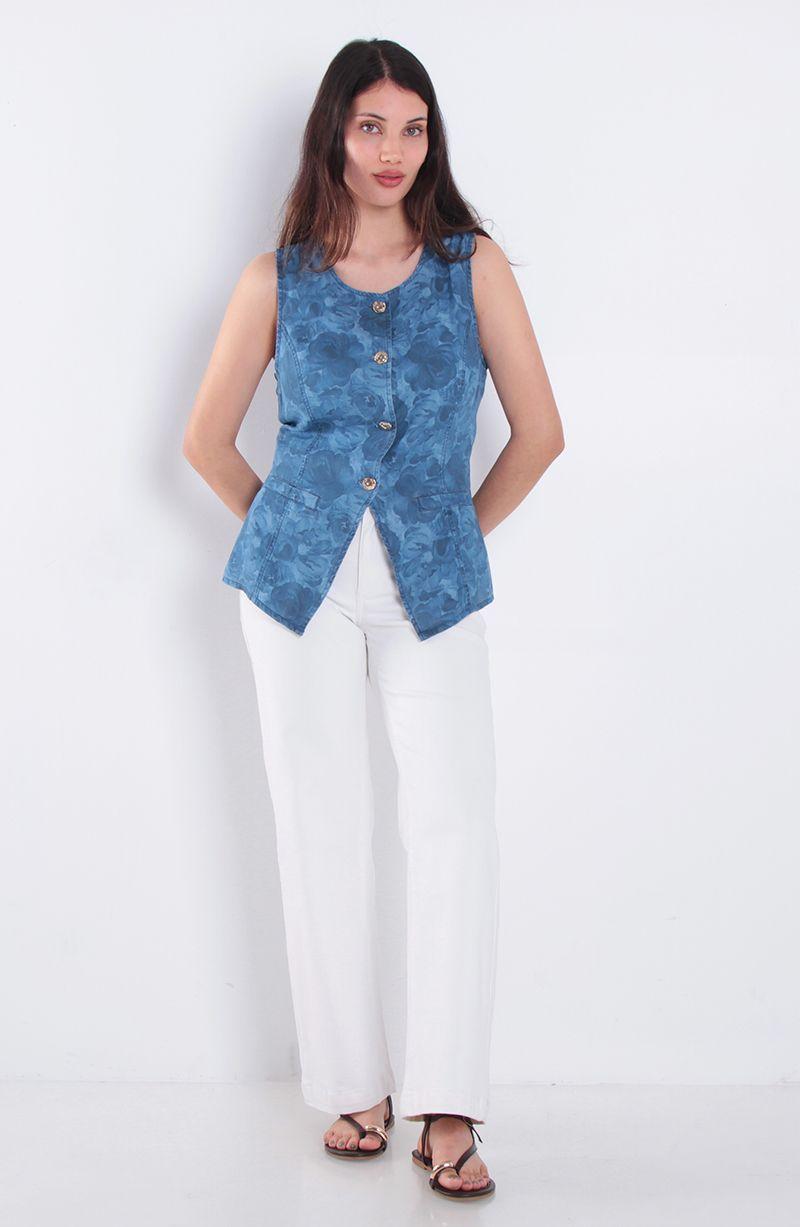 Vest Lyocell Estampada Sin Manga Abotonada En Delantero Escote Redondo-3