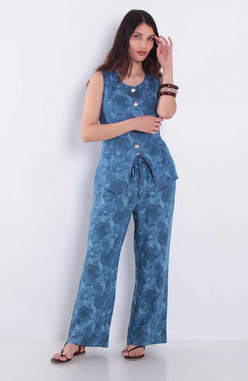 Vest Lyocell Estampada Sin Manga Abotonada En Delantero Escote Redondo-4