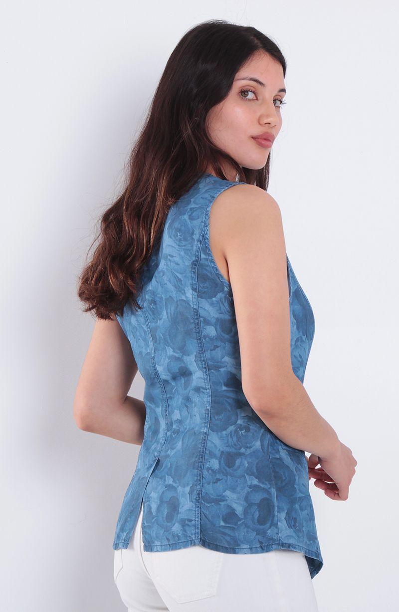 Vest Lyocell Estampada Sin Manga Abotonada En Delantero Escote Redondo-5