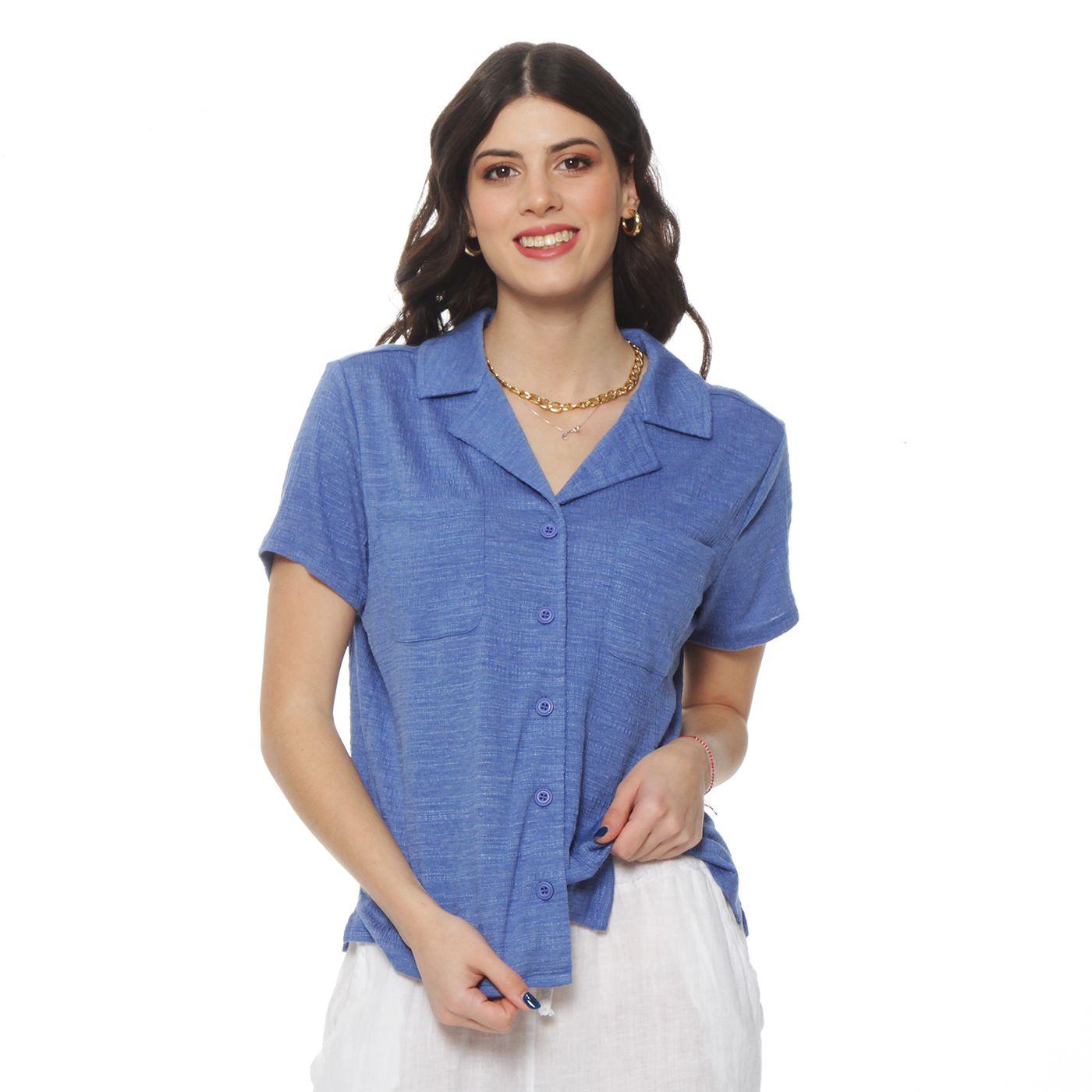 Blusa Manga Corta Escote V Con Cuello Y Bolsillos-2