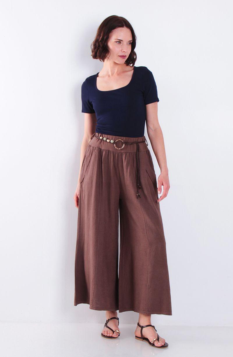 Pantalon Lino Wide Leg Tiro Alto Pretina Alta Elasticada-3
