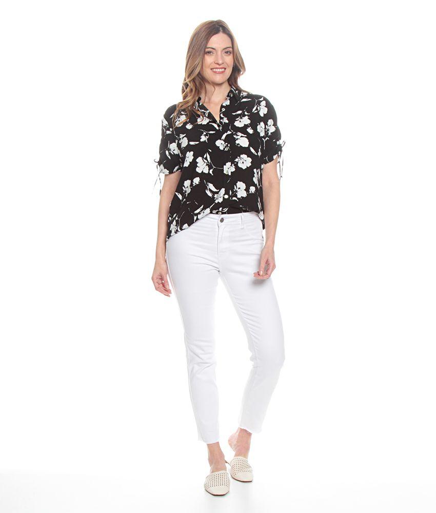 Blusa Manga Corta Ajustable Estampada Cuello Camisero-4