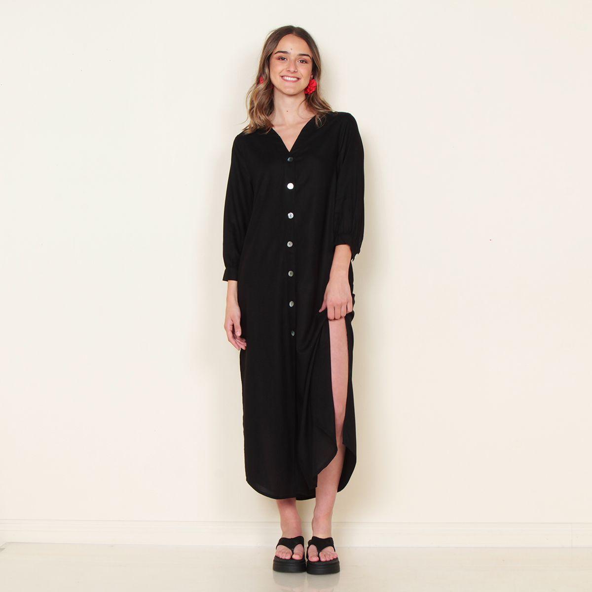 Vestido Manga 3/4 Solido Escote V-1