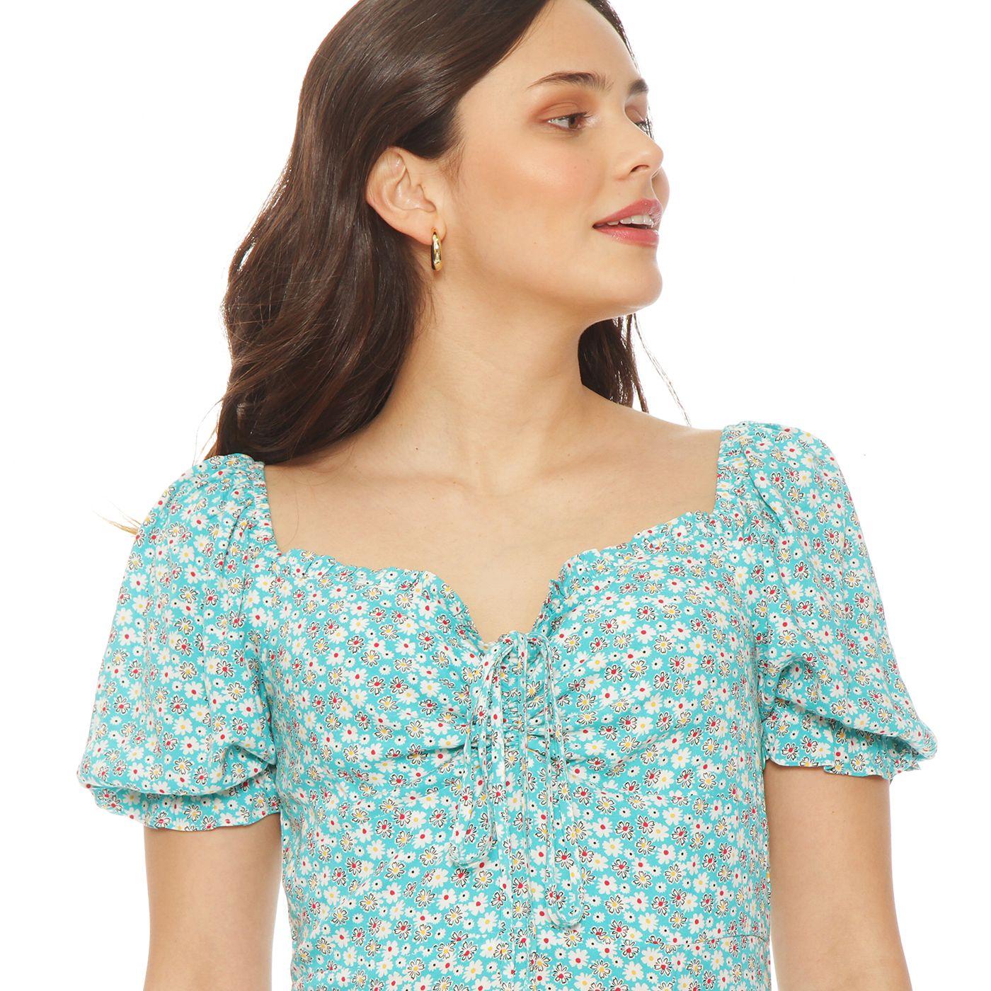 Vestido Estampado Manga Corta  Escote V Con Abertura En Delantero-2