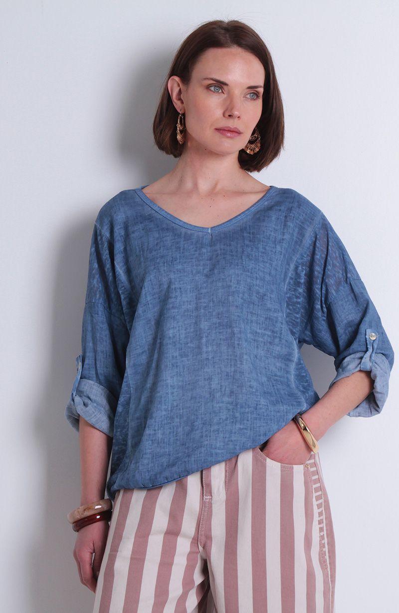 Polera Lino Manga 3/4 Escote V-0