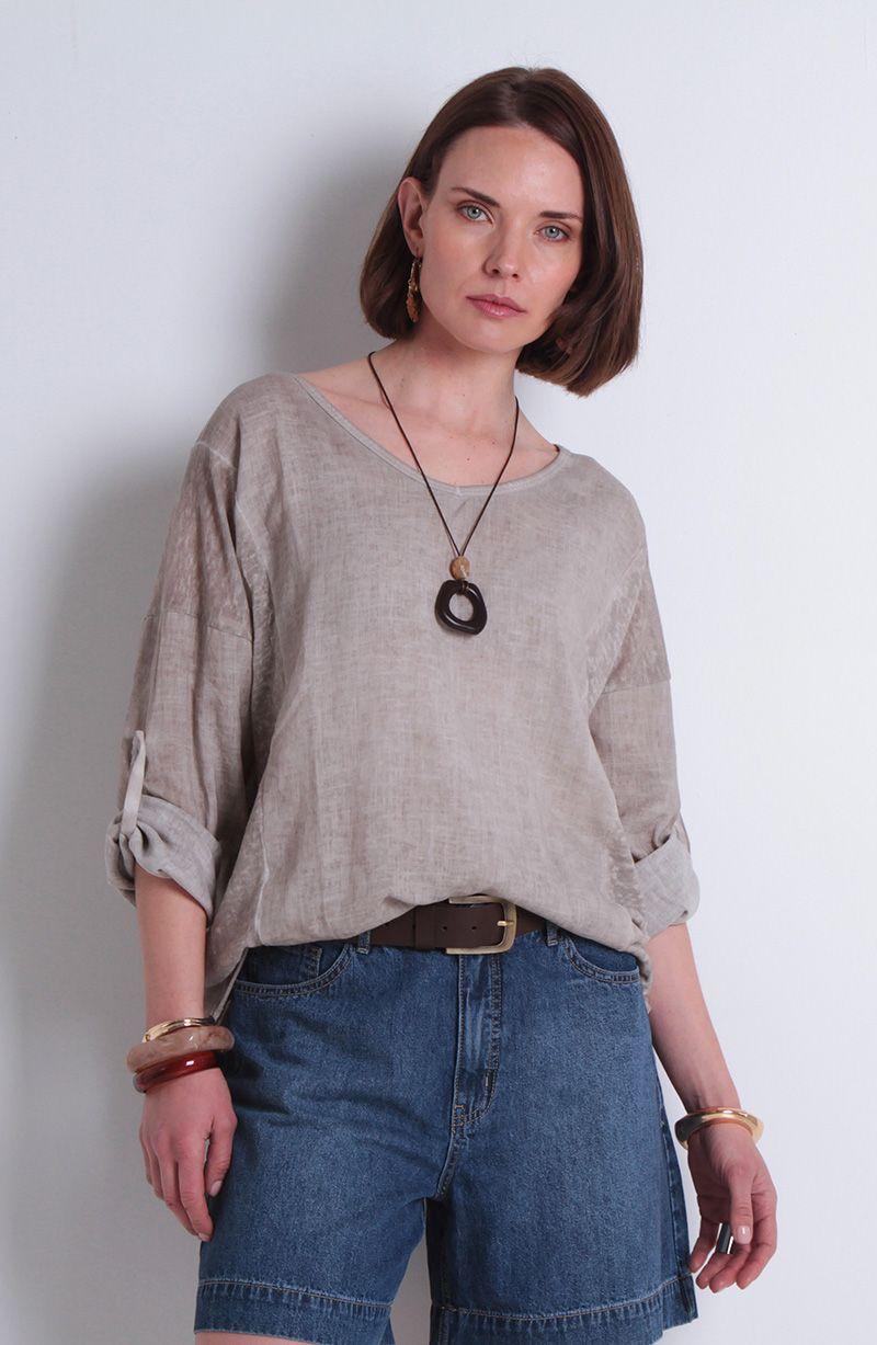 Polera Lino Manga 3/4 Escote V-0
