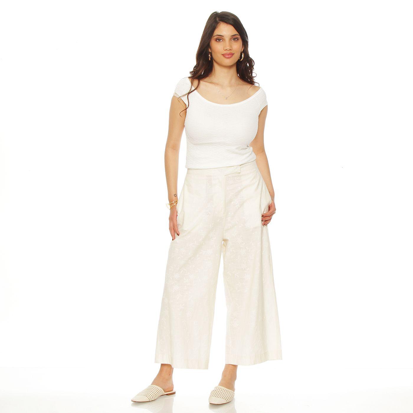 Pantalon   Wide Leg   Lino Bordado Tiro Alto Pretina Basica-2
