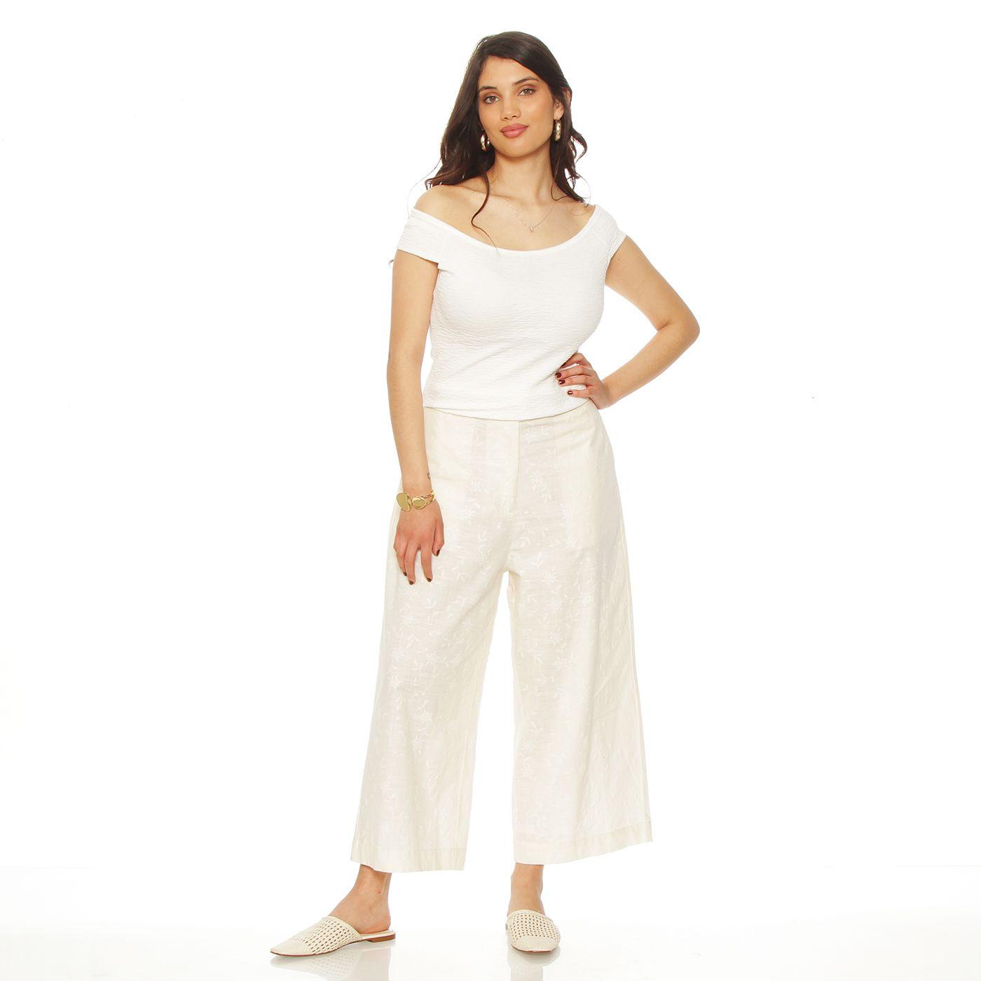 Pantalon   Wide Leg   Lino Bordado Tiro Alto Pretina Basica-3