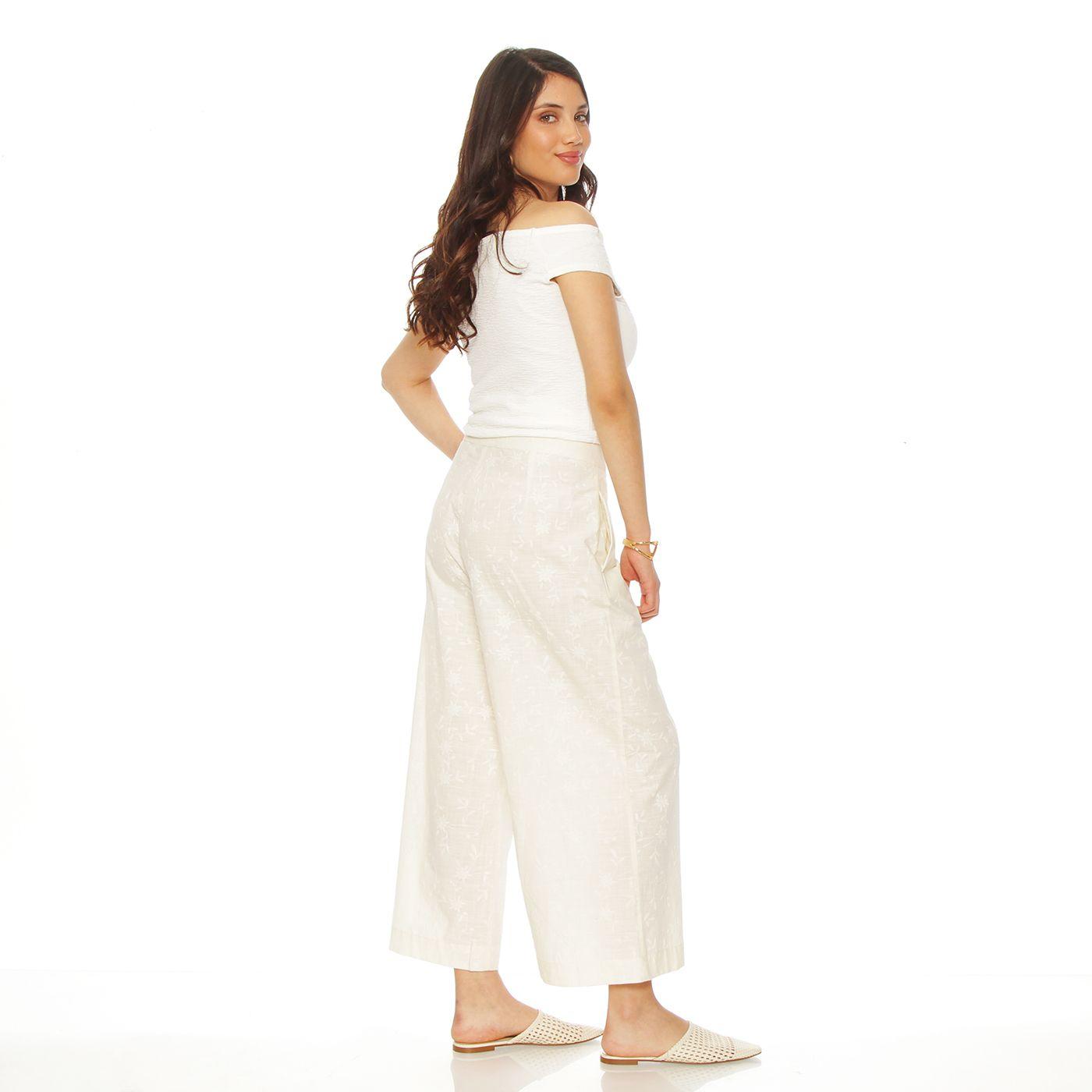 Pantalon   Wide Leg   Lino Bordado Tiro Alto Pretina Basica-4