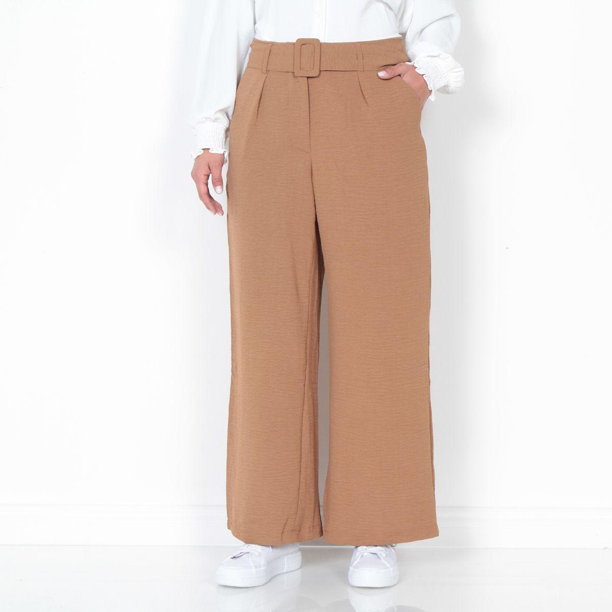 Pantalon Wide Leg Tiro Alto Pretina Basica Con Cinturon-0
