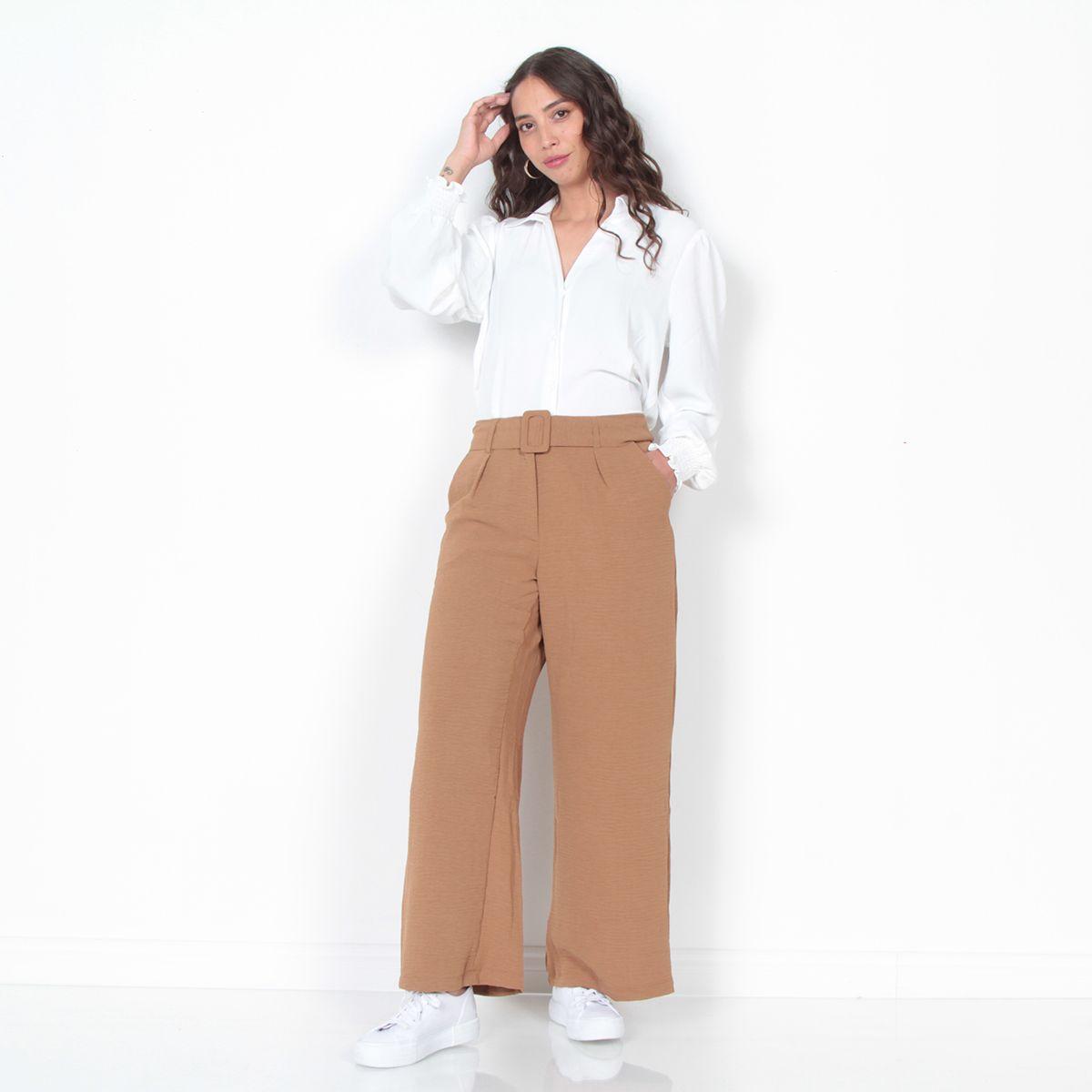 Pantalon Wide Leg Tiro Alto Pretina Basica Con Cinturon-3