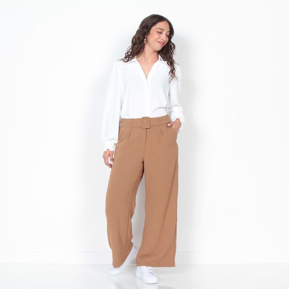 Pantalon Wide Leg Tiro Alto Pretina Basica Con Cinturon-4