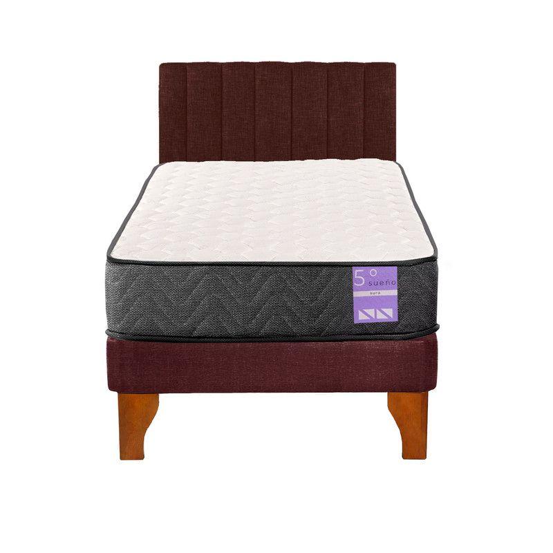 Cama Europea 1 Plaza Aura + Respaldo Tubular Madera Burdeo-0