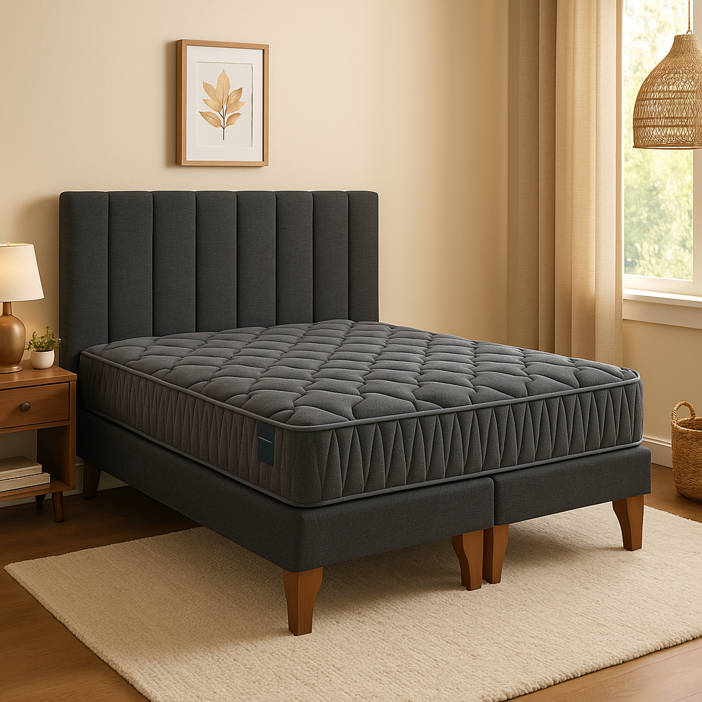 Cama Europea Somnia 2 Plazas + Respaldo Lino Tubular + Patas Plastico Color Caoba-2