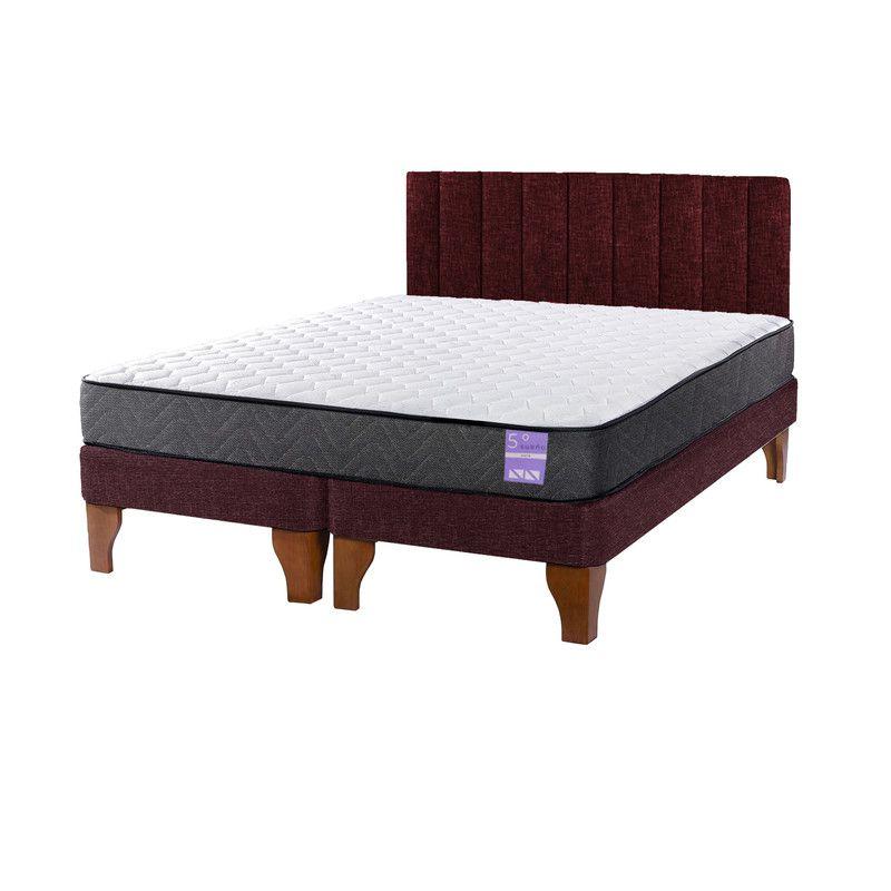 Cama Europea 2 Plazas + Respaldo Tubular Madera Burdeo-1