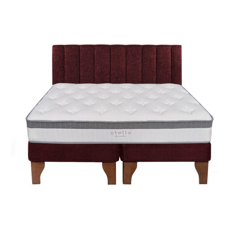 Cama Europea Stella 2 Plazas + Respaldo Tubular Madera Burdeo-0