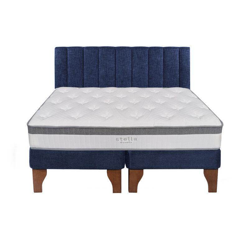 Cama Europea Stella 2 Plazas + Respaldo Tubular Madera Azul-0