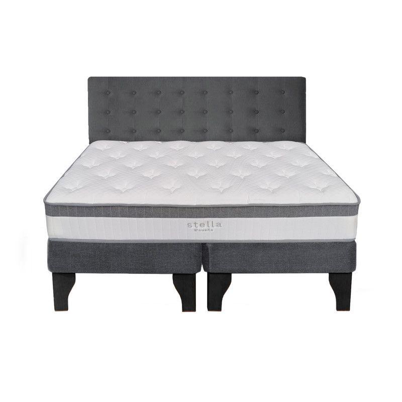 Cama Europea Stella 2 Plazas + Respaldo Capitoné Negro Gris-0