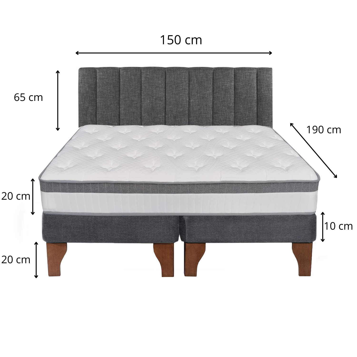 Cama Europea Stella 2 Plazas + Base Gris Patas Madera Color Caoba + Respaldo Lino Tubular Gris-1