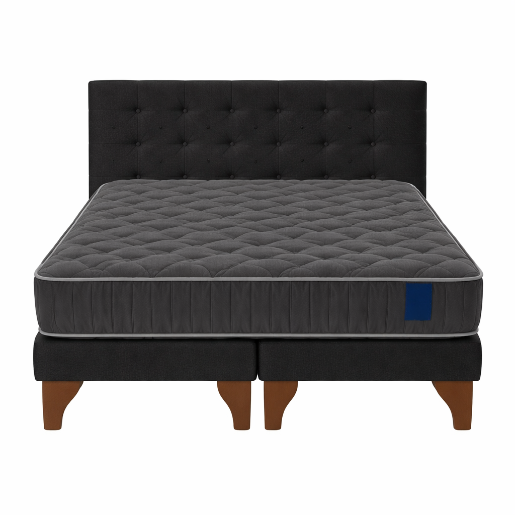 Cama Europea Somnia 2 Plazas + Respaldo Lino Capitone + Patas Plastico Color Caoba-2