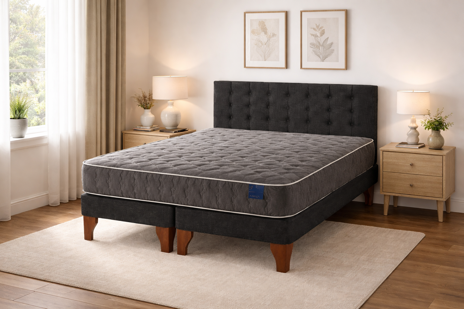 Cama Europea Somnia 2 Plazas + Respaldo Lino Capitone + Patas Plastico Color Caoba-3