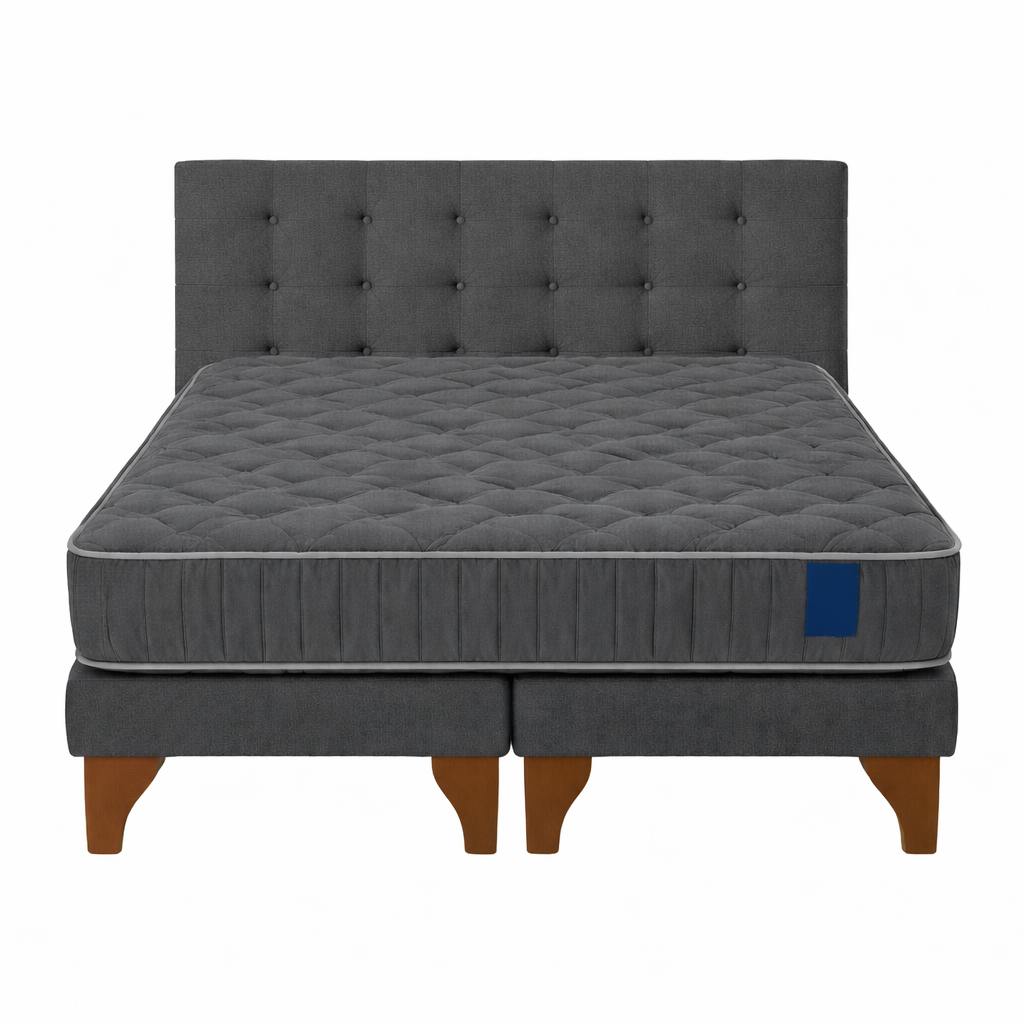 Cama Europea Somnia 2 Plazas + Respaldo Lino Capitone + Patas Plastico Color Caoba-2
