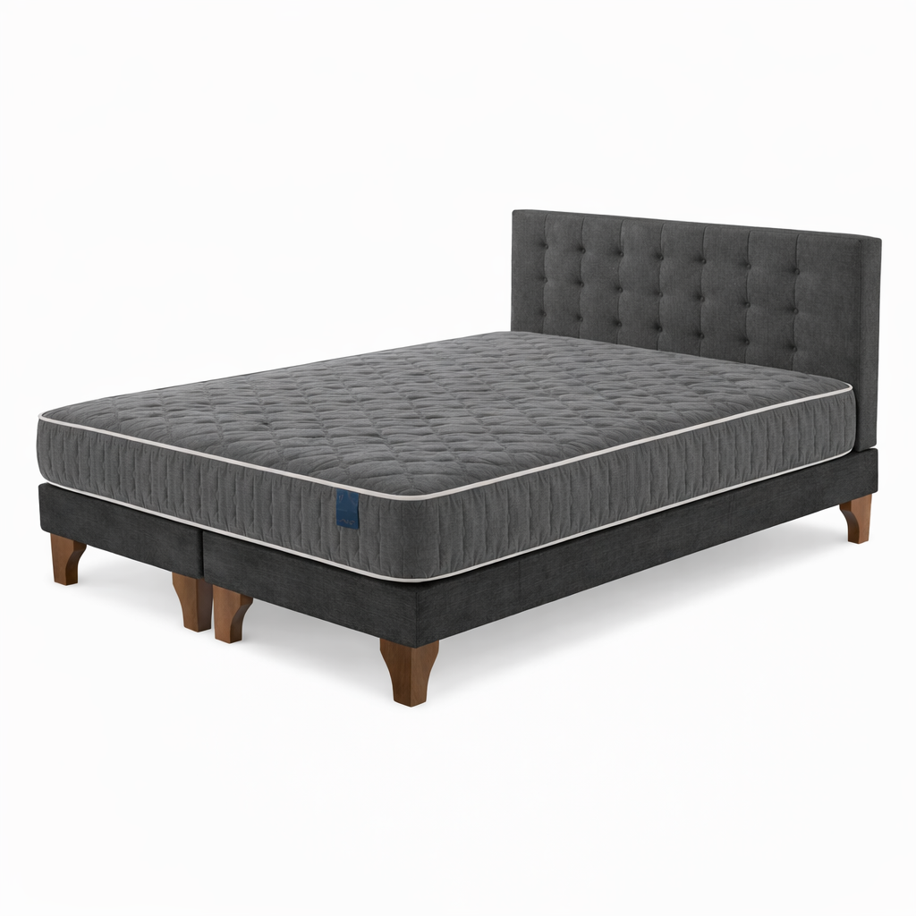 Cama Europea Somnia 2 Plazas + Respaldo Lino Capitone + Patas Plastico Color Caoba-3