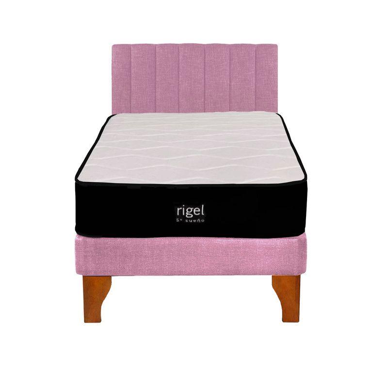 Cama Europea 1 Plaza Rigel + Respaldo Tubular Madera Rosado-0