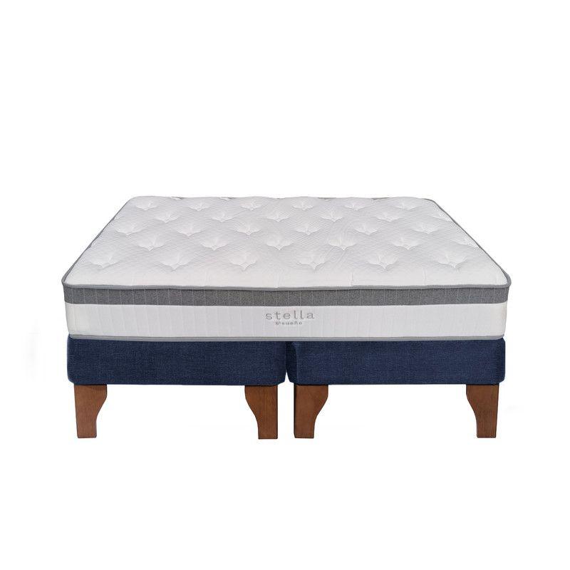 Cama Europea Stella 2 Plazas 150x190 cm Base Colchón Madera Azul-0