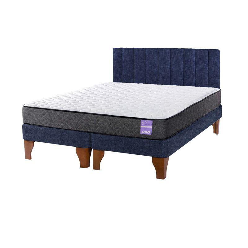 Cama Europea 2 Plazas + Respaldo Tubular Madera Azul-1
