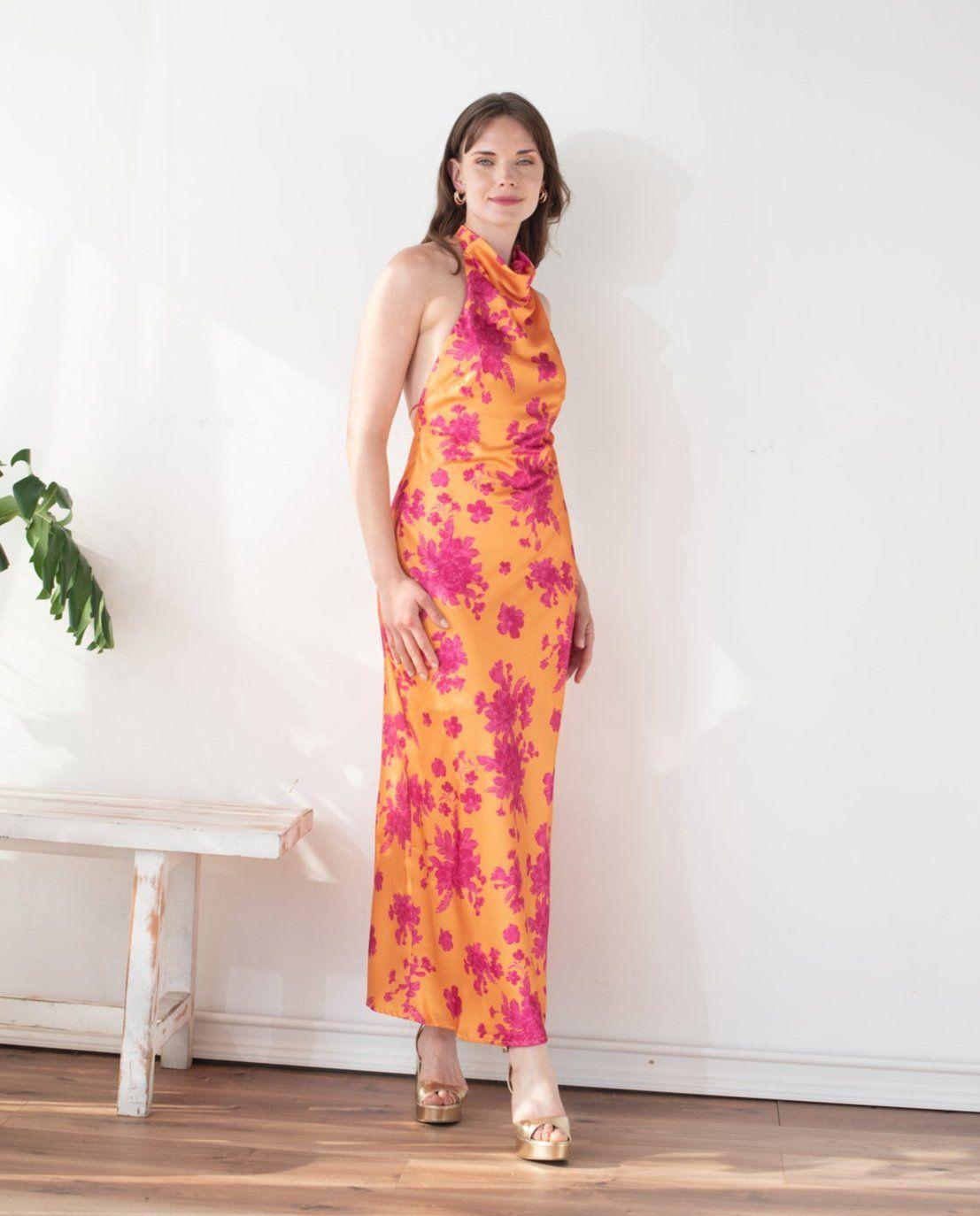 Vestido Largo de Fiesta Marbella Halter Estampado Fondo Naranjo-2